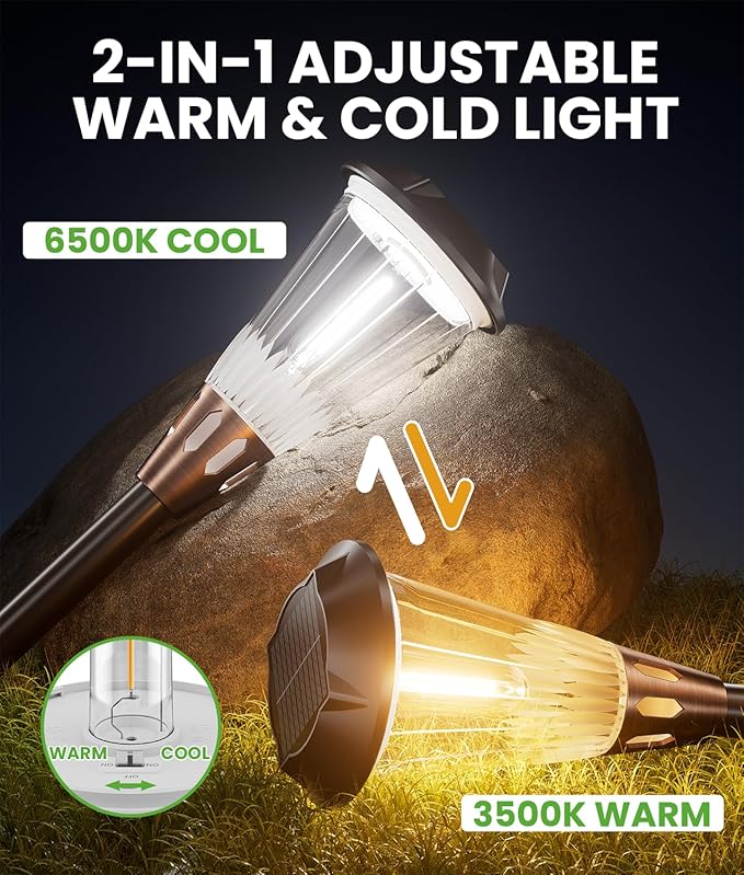 BITPOTT Bright Solar Lights Outdoor 6 Pack, 2-in-1 Warm&Cool Solar Pathway Lights Waterproof IP65, Auto On/Off Outdoor Light for Path Walkway Driveway Lawn