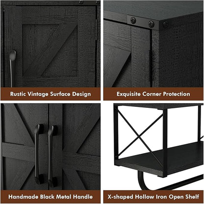 RUSTOWN Farmhouse Rustic Medicine Cabinet with Two Barn Door,Wood Wall Mounted Storage Cabinet with Adjustable Shelf and Towel Bar, 3-Tier Cabinet for Bathroom, Living Room(Black)