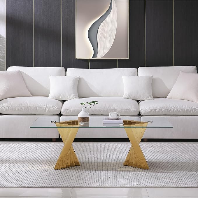 Henf Gold Glass Coffee Table with Mirrored Stainless Steel Base, 51" Rectangle Modern Living Room Cocktail Table for Home Office