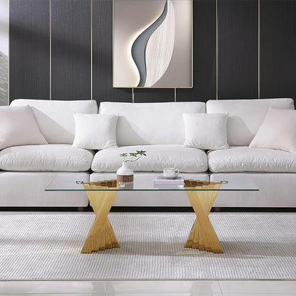 Henf Gold Glass Coffee Table with Mirrored Stainless Steel Base, 51" Rectangle Modern Living Room Cocktail Table for Home Office