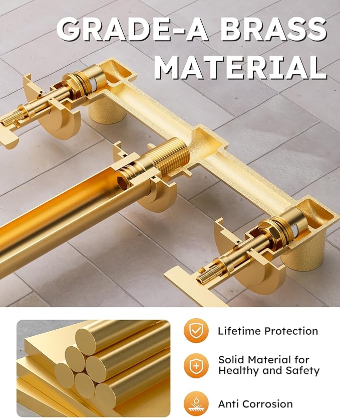 WOWOW Wall Mount Tub Filler: Gold Tub Faucet High Flow Two Handles Solid Brass, Long Spout Reach,Tub Faucet Bathroom Bathtub Faucets with 2 Handles Tub Faucets with Brass Rough in Valve Included