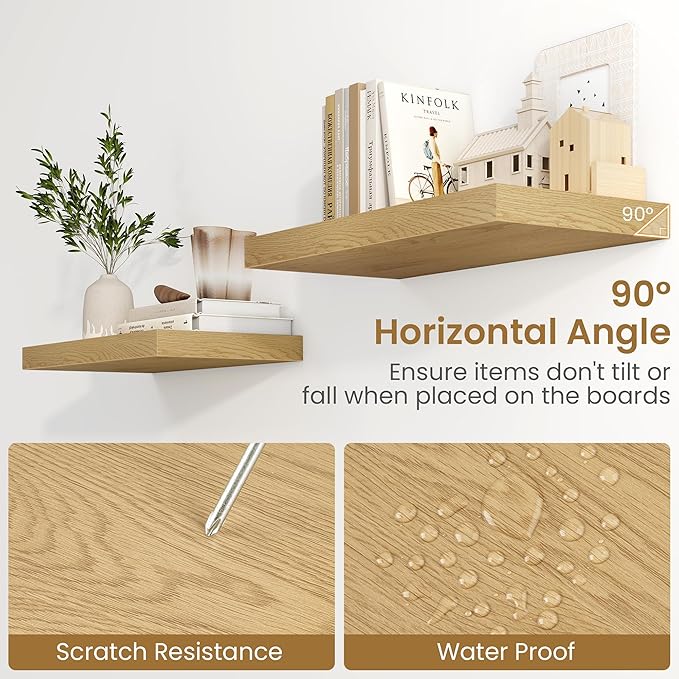 24"W x 9.3"D Floating Shelves for Wall, Wall Mounted Bathroom Shelves 2 Pack Deep Floating Shelf for Bedroom Kitchen Living Room, Rustic Wooden Wall Shelf with Invisible Bracket for Books Decor