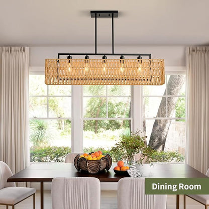 Chandeliers for Dining Room 40 Inch Boho Rattan Chandelier 5-Light Linear Chandelier Large Rectangle Chandelier Over Table, Rattan Light Fixture Kitchen Island Lighting