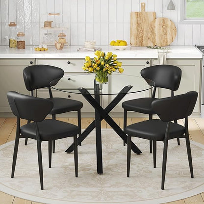 Round Glass Dining Table Set for 4 People, 31 Inch Diameter with X-Shaped Black Metal Base and Ergonomic PU Chairs, Easy to Clean Tempered Glass Top for Kitchen and Dining Room