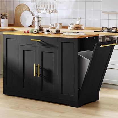 DWVO Large Kitchen Island with Trash Can Cabinet, 53 Inch Kitchen Island on Wheels, Rolling Island with Tilt-Out Garbage Storage Fits 13 Gallon Bin, Spice Rack and Drawer, for Dining Room, Black