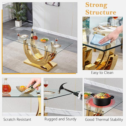 70" Luxury Glass Dining Table for 4 to 6 People, Modern Dining Room Table, Tempered Glass Top & Mirrored Finish Stainless Steel Pedestal, Large Rectangle Kitchen Dining Table Long Dinner Table, Gold