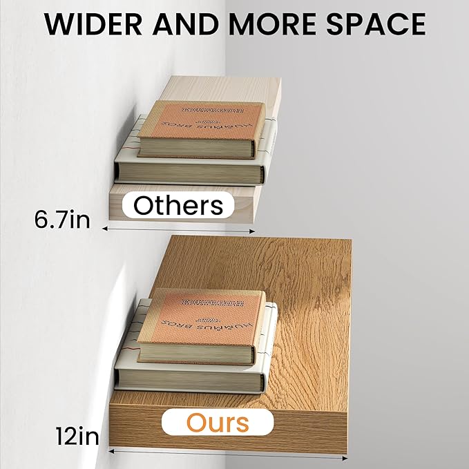 32Inch Oak Floating Shelves for Wall, 12 Inch Deep Shelves for Bedroom, Kitchen, Bathroom Wall Mounted, Rustic Wood Floating Shelf with Invisible Brackets for Books, Storage, Decor, 2 Packs