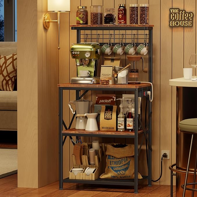 Furologee Kitchen Bakers Rack with Power Outlet, Microwave Oven Stand with Storage 4 Tiers, Coffee Bar Table with 6 S Hooks, Kitchen Storage Shelf Rack for Spices, Pots, Rustic Brown
