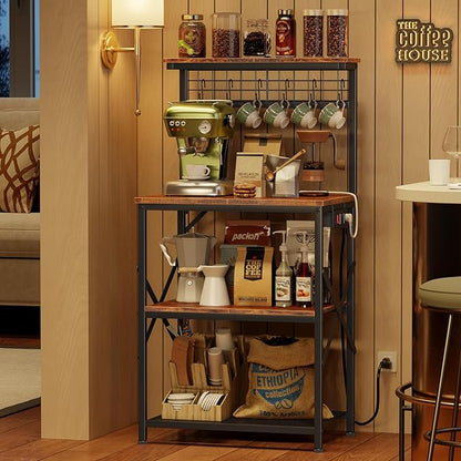 Furologee Kitchen Bakers Rack with Power Outlet, Microwave Oven Stand with Storage 4 Tiers, Coffee Bar Table with 6 S Hooks, Kitchen Storage Shelf Rack for Spices, Pots, Rustic Brown