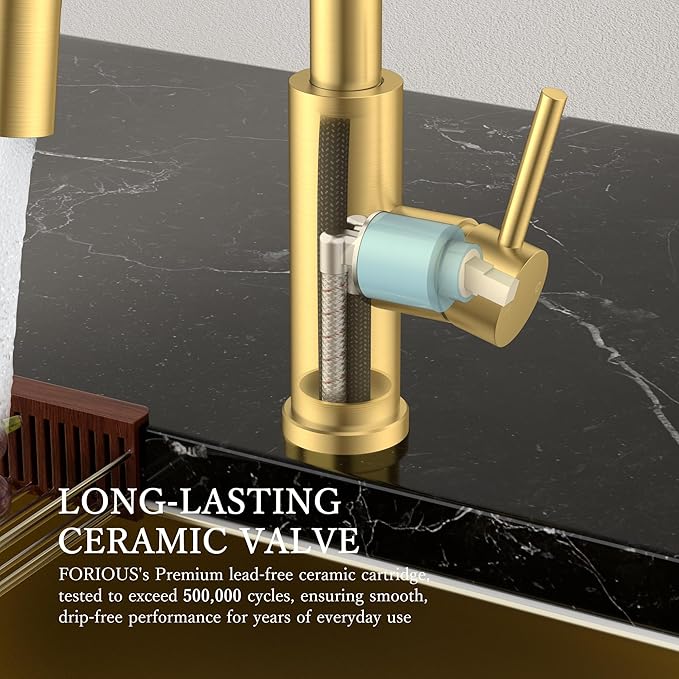 FORIOUS Kitchen Faucets with Pull Down Sprayer, Gold Classic Single Handle Stainless Steel High Arc Faucet for Kitchen Sink, 1Hole with Deck Plate, Sink Faucet for Bar RV Farmhouse Outdoor Laundry