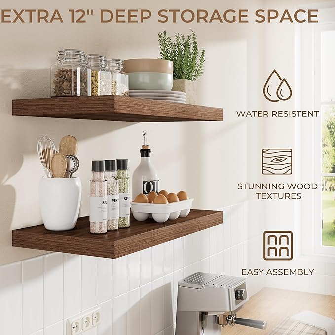 RICHFOCUS Deep Floating Shelves for Wall 2 Pack 12" D 36 Inch Wall Shelves for Room Wall|Wood Hanging Shelf with Invisible Brackets for Bathroom Bedroom Kitchen Laundry Room, Walnut
