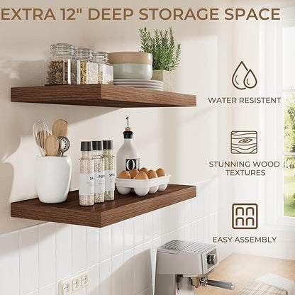 RICHFOCUS Deep Floating Shelves for Wall 2 Pack 12" D 24 Inch Wall Shelves for Room Wall|Wood Hanging Shelf with Invisible Brackets for Bathroom Bedroom Kitchen Laundry Room, Walnut