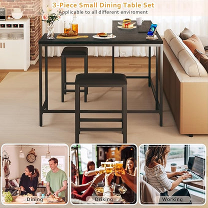 HUAHUU Bar Table and Chairs Set for 2-4, 63'' Convertible L-Shaped Kitchen Table with Power Outlets, 3 Piece Counter Height Small Dining Table with 2 Stools, Space Saving, Breakfast Nook Corner, Black