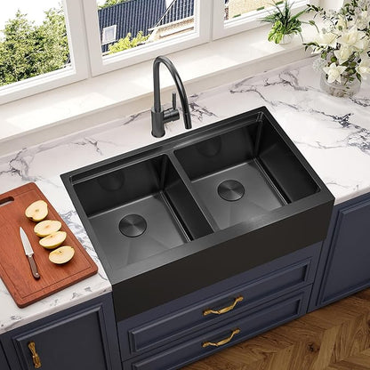 MILOSEN 30 Inch Black Farmhouse Kitchen Sink, 30''x22'' Drop in Black Stainless Steel Workstation Apron Front Sink with Ledge & Accessories, Double Bowl Farm Sinks, 10'' Large and Deep Handmade Sinks