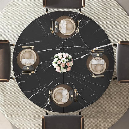 IBF Round Dining Table with Storage, Black Faux Marble Kitchen Tables for 4-6 People, 47" Modern Dining Room Tables with Fridge Space, Wood Circle Dinner Table for Home, Black Marble, Only Table
