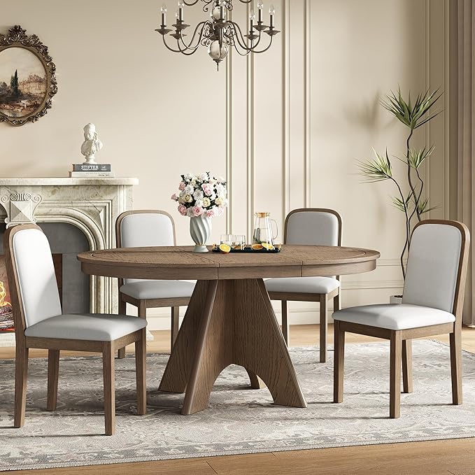 Merax Vintage Extendable Dining Table Set for 4-6 People, Rustic Farmhouse Kitchen Table with 4 Upholstered Chairs, 42 to 58 Inch Drop-Leaf Table with Distressed Finish, Espresso