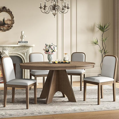 Merax Vintage Extendable Dining Table Set for 4-6 People, Rustic Farmhouse Kitchen Table with 4 Upholstered Chairs, 42 to 58 Inch Drop-Leaf Table with Distressed Finish, Espresso