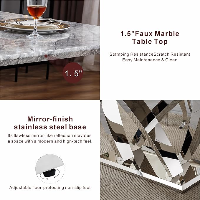 70" Faux Marble Dining Table for 6-8 People, Modern Rectangular Kitchen Table with Gold Mirror Finish Stainless Steel Base, Large Dining Room Table (Silver + Grey, Type2 + 70" Rectangle)