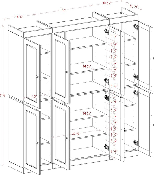 Palace Imports Solid Wood Pantry Cabinet - 71.5" Tall, 65" Wide - Freestanding Wooden Storage Cabinet w/Adjustable Shelves for Kitchen – Mocha, Renewable Eco-Friendly 100% Wood, Made in Brazil