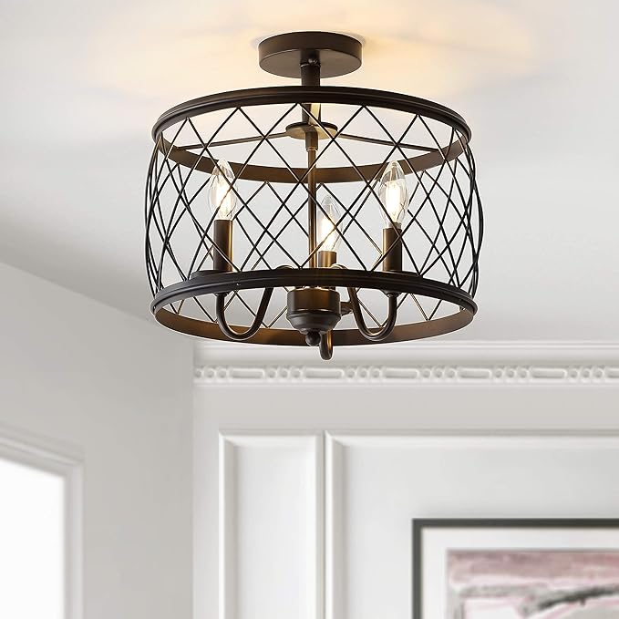 JONATHAN Y 15" Oil Rubbed Bronze LED Semi Flush Mount Ceiling Light, 3-Light Modern Industrial Drum Fixture for Bedroom Living Room Hallway, Gold Metal Cage Shade (JYL9037B)