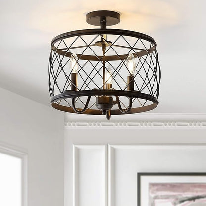 JONATHAN Y 15" Oil Rubbed Bronze LED Semi Flush Mount Ceiling Light, 3-Light Modern Industrial Drum Fixture for Bedroom Living Room Hallway, Gold Metal Cage Shade (JYL9037B)