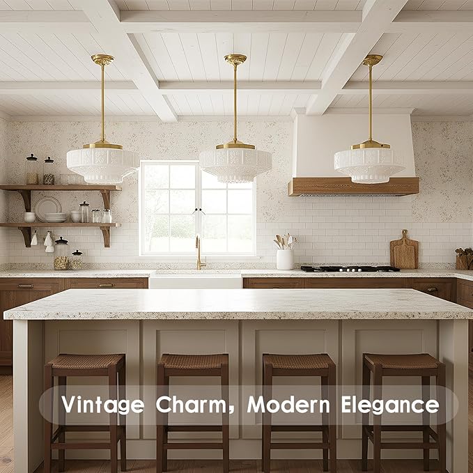 Vintage Milk Glass Pendant Light Fixture, 11.8" White Flowers Glass Chandelier, Antique Pendant Lights for Kitchen Island Lighting, Hallway, Bedroom, Dining Room, E26 Bulb Included (White, 11.8)
