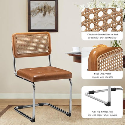 Alunaune Modern Mid Century Brown Dining Chairs Set of 4, Upholstered Natural Rattan Kitchen Chairs, Armless Accent Chair Side Chairs with Metal Chrome Legs for Bedroom Living Room-PU Seat
