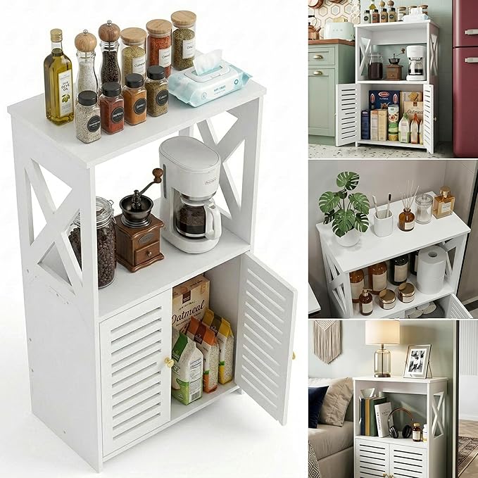 BYFU Bathroom Storage Cabinet, 3-Tier White Small Floor Cabinet Freestanding Organizer with Door and Shelf for Living Room Hallway Kitchen Small Space