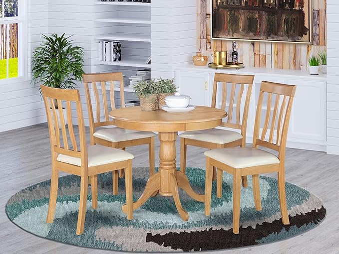 East West Furniture ANTI5-OAK-LC 5 Piece Dining Room Furniture Set Includes a Round Kitchen Table with Pedestal and 4 Faux Leather Upholstered Dining Chairs, 36x36 Inch, Oak