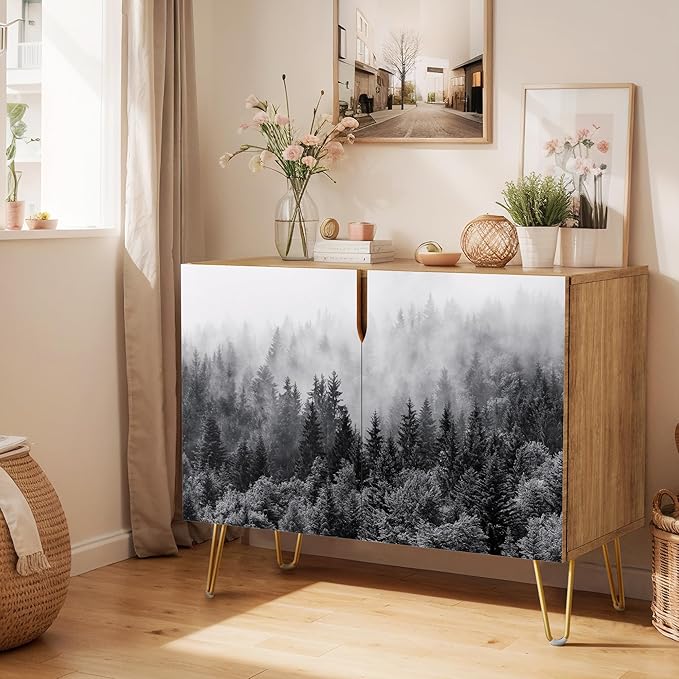 SIGNWIN Sideboard Buffet Cabinet, Kitchen Storage Cabinet with 2 Doors, Duotone Misty Foggy Mountain Forestra, Cupboard Console Table for Dining Room - 35" L x 18" W x 29" H