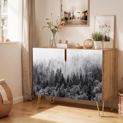 SIGNWIN Sideboard Buffet Cabinet, Kitchen Storage Cabinet with 2 Doors, Duotone Misty Foggy Mountain Forestra, Cupboard Console Table for Dining Room - 35" L x 18" W x 29" H