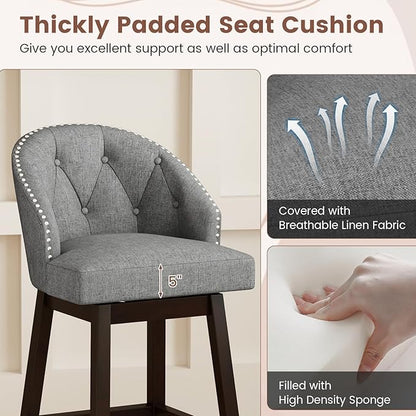 Giantex Modern Upholstered Bar Stools Set of 2, 31" Bar Height Swivel Kitchen Stools w/Button-Tufted Back, Rubber Wood Frame, Rivet Decoration, Linen Fabric Barstools for Counter Island, Cafe, Grey