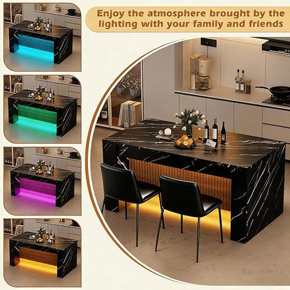 Large Faux Imitation Dining Table with Velvet Dining Chairs Set of 4, Marble Stripes Kitchen Island Table with Grille Design for 4-6, Luxury Island with LED Lights for Home Kitchen. (Black)