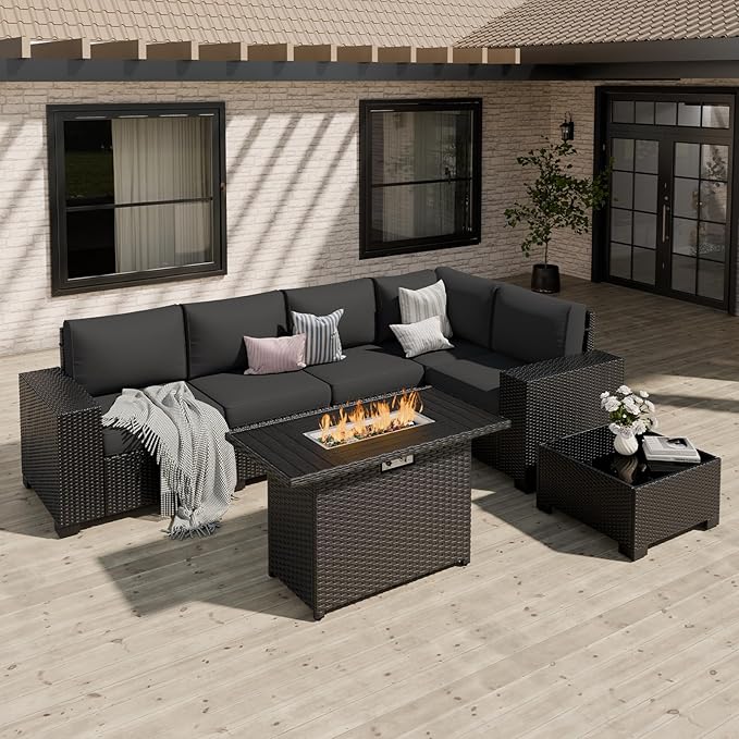 Patio Furniture Set, Wide Armrest Outdoor Furniture Set with 44" Fire Pit Table Thick Cushions, 7 Piece Wicker Rattan Patio Sectional Sofa for Backyard, Poolside, Garden