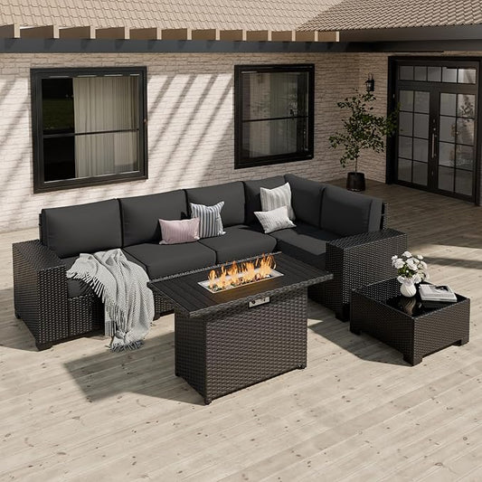 Patio Furniture Set, Wide Armrest Outdoor Furniture Set with 44" Fire Pit Table Thick Cushions, 7 Piece Wicker Rattan Patio Sectional Sofa for Backyard, Poolside, Garden