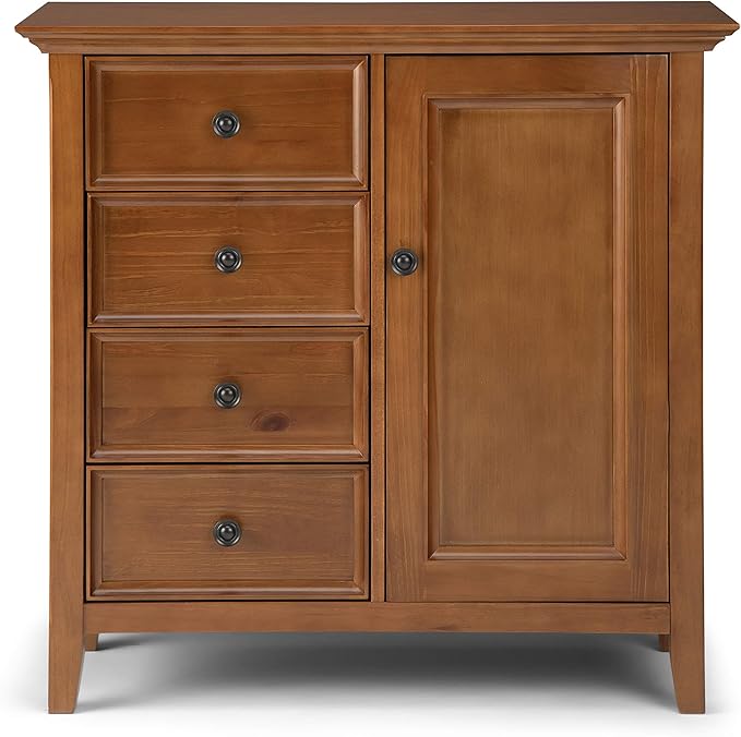 SIMPLIHOME Amherst 37-inch Wide Solid Wood Transitional-Style Storage Cabinet in Light Golden Brown, Cabinet with 4 Drawers and Adjustable Shelves for Living Room or Entryway