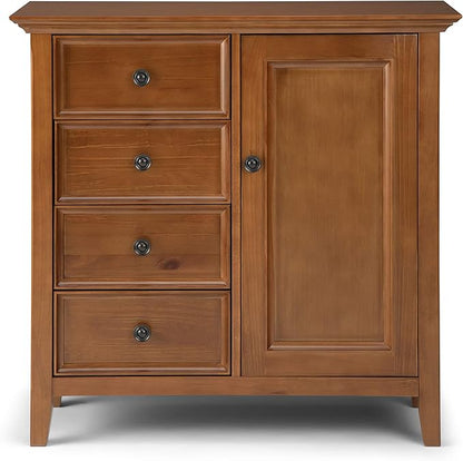 SIMPLIHOME Amherst 37-inch Wide Solid Wood Transitional-Style Storage Cabinet in Light Golden Brown, Cabinet with 4 Drawers and Adjustable Shelves for Living Room or Entryway