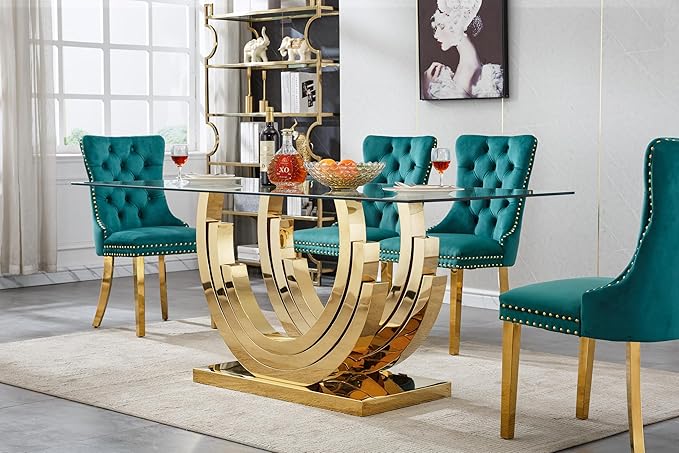 70" Glass Dining Table for 6-8, Modern Dining Room Table with 0.39" Tempered Glass Top and Three U-Shaped Gold Stainless Steel Base, Rectangle Kitchen Dinner Table for Dining Room