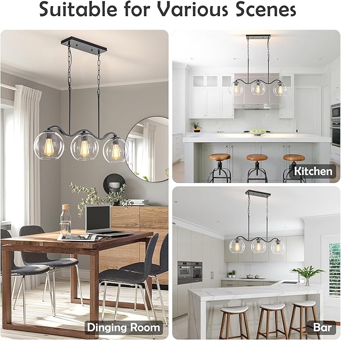 Farmhouse Linear 3-Light Black Chandelier with Wavy Arms, Kitchen Island Pendant Light Fixture with Clear Glass Globe Shades, Ceiling Hanging Lighting for Dining Room Table, Bar