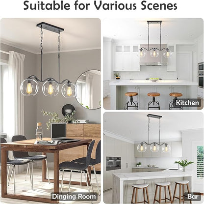 Farmhouse Linear 3-Light Black Chandelier with Wavy Arms, Kitchen Island Pendant Light Fixture with Clear Glass Globe Shades, Ceiling Hanging Lighting for Dining Room Table, Bar