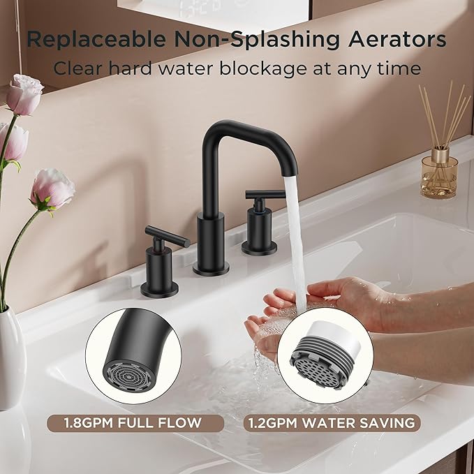 FORIOUS Matte Black Bathroom Faucet 3 Hole Widespread, 8 Inch Bathroom Sink Faucets Two-Handle with Pop Up Drain and Water Supplies for Vanity Restroom RV Lavatory Sink