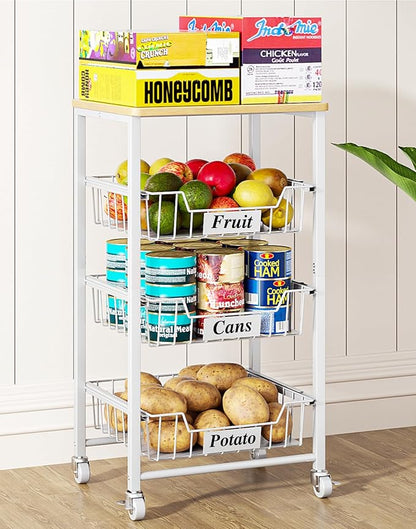 OKZEST 4-Tier Small Kitchen Storage Cart on Wheels with Pull-Out Drawers, Rolling Pantry and Snack Organizer Cart with Wood Top, Kitchen Floor Fruit Basket Stand for Fruit Potato Onion Veggie Snack