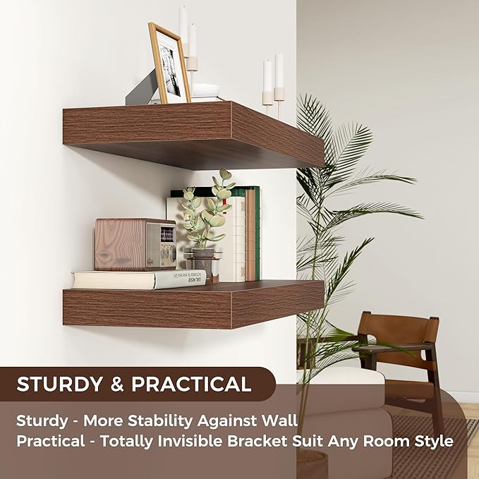 Venusmiles Floating Shelves for Wall, 24 Inch Wide x 12 Inch Deep Floating Shelves, Long Wood Floating Wall Shelf Shelves for Living Room Bathroom Bedroom Kitchen Home - (Walnut, 24" W x 12" D x 2" H)