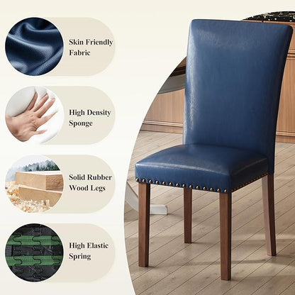 COLAMY Upholstered Parsons Dining Chairs Set of 4, PU Leather Dining Room Kitchen Side Chair with Nailhead Trim and Wood Legs - Blue
