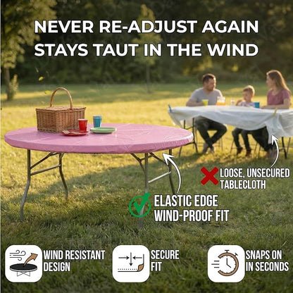 Kwik-Covers 10 Pack of Round Plastic Table Covers - 60" or 72" Round - Indoor or Outdoor Fitted Covers (Tables NOT Included) (Pink, 60" Round)