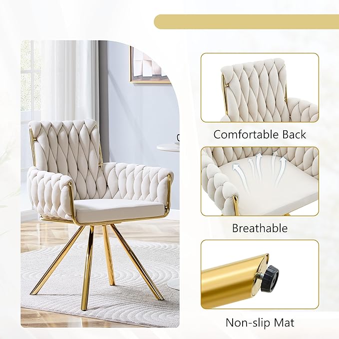 Upholstered Dining Chairs Set of 2, Hand-Woven Back Kitchen Chair, Large Gold Dining Chairs,Velvet Upholstery with Metal Legs, Modern Velvet Chair for Dining Room、Kitchen、Restaurant