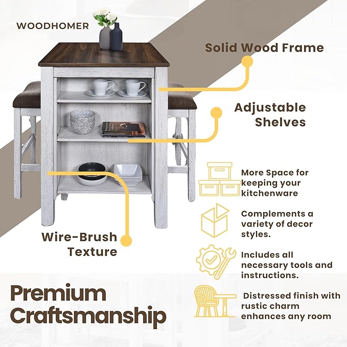 3-Piece Wooden Dining Table Set, Kitchen Island with Seating for 2, Kitchen Bar Table with Stools, Counter Height Dining Table Set, Antique Dark Oak & White, Farmhouse Style