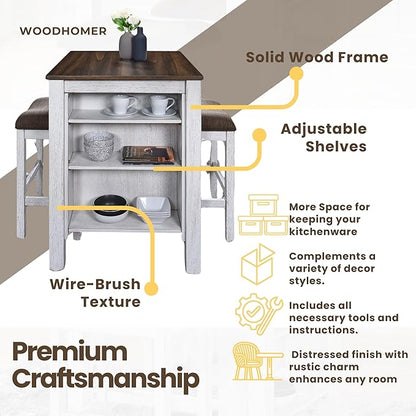 3-Piece Wooden Dining Table Set, Kitchen Island with Seating for 2, Kitchen Bar Table with Stools, Counter Height Dining Table Set, Antique Dark Oak & White, Farmhouse Style