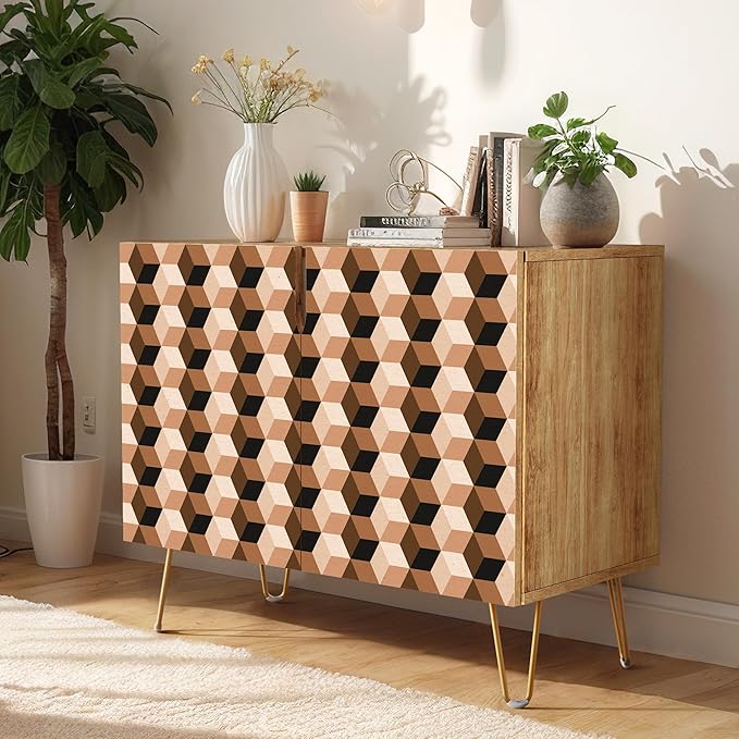 SIGNWIN Sideboard Buffet Cabinet, Kitchen Storage Cabinet with 2 Doors, Vibrant 3D Style Square Cube Patterns, Cupboard Console Table for Dining Room - 35" L x 18" W x 29" H