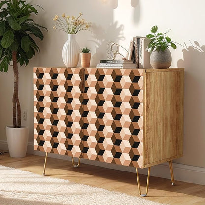 SIGNWIN Sideboard Buffet Cabinet, Kitchen Storage Cabinet with 2 Doors, Vibrant 3D Style Square Cube Patterns, Cupboard Console Table for Dining Room - 35" L x 18" W x 29" H